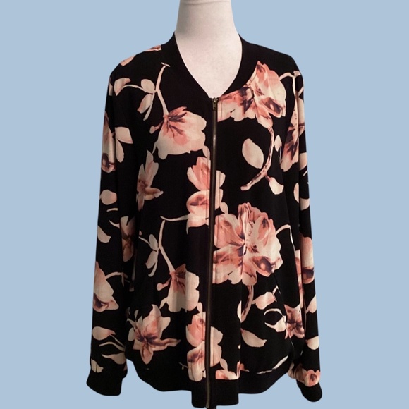 NWOT~Monteau~Black Floral Bomber Jacket~Front Zip~ Lightweight~Size L - Picture 1 of 11